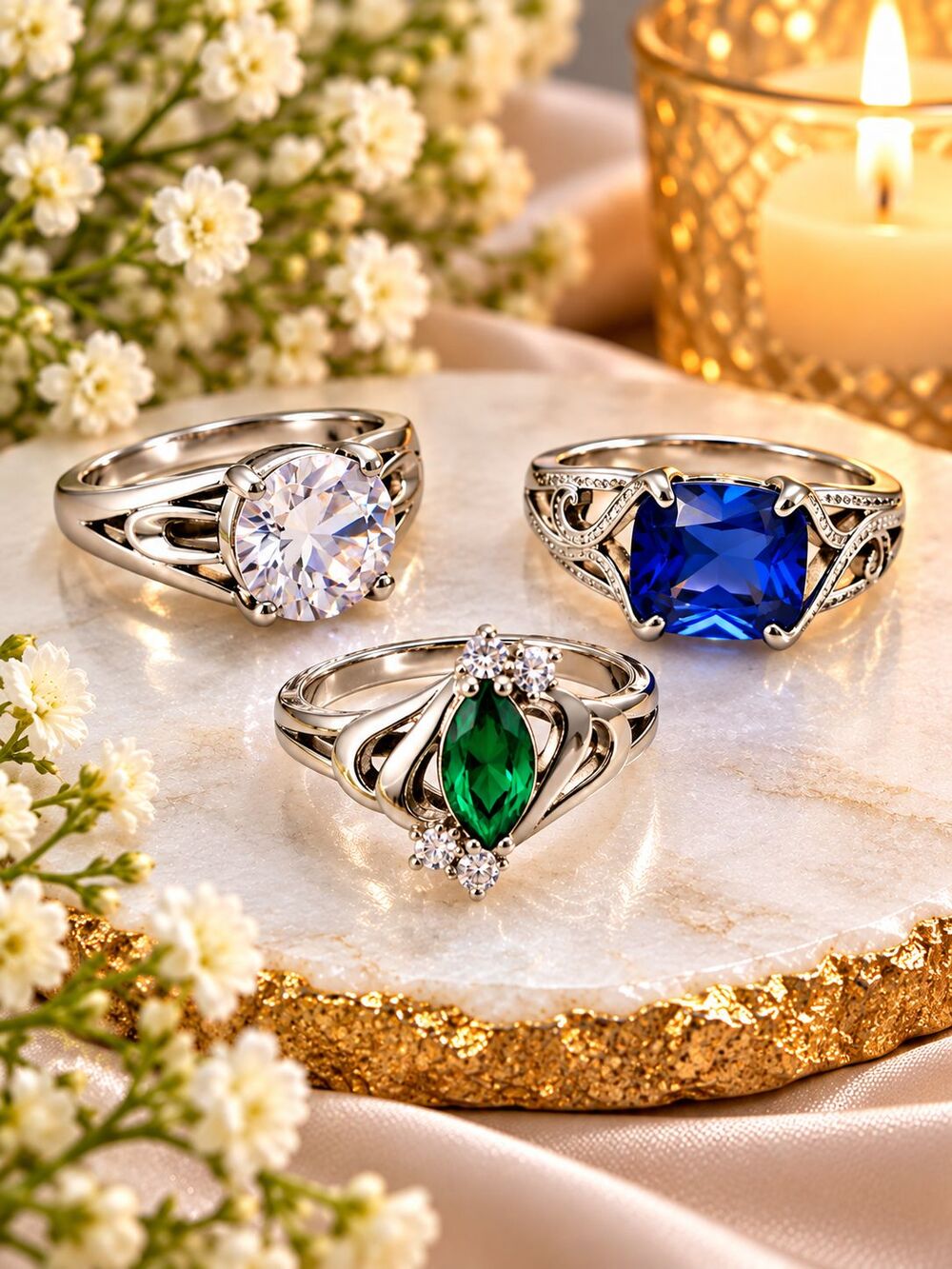 Diamond Candle Rings Size 7 Silver Tone Costume Jewelry Gemstone Ring Lot of 3